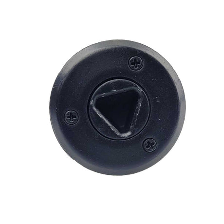 Top view black metal threaded Replacement CO2 Cap for P2P Secure 68P and T4E Impax P68 on a white background.