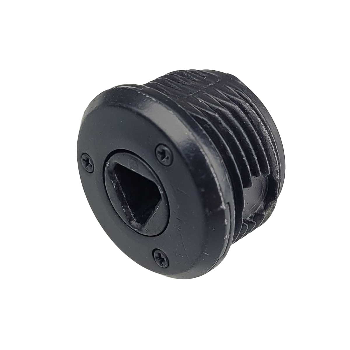 Side view black metal threaded Replacement CO2 Cap for P2P Secure 68P and T4E Impax P68 on a white background.