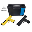 Two Salt .68 Caliber Self Defense launchers shown with a hard carrying case on a white background: one in bright yellow and one in black. Text on the left reads 'Two Color Options!'.