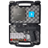 Salt Supply S1 Pepperball Pistol black in a foam lined case with glass break rounds, co2 cartridges and a tube of pepper projectiles on a white background