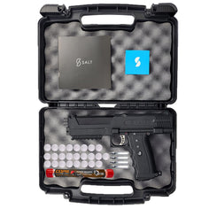 Salt Supply S1 Pepperball Pistol black in a foam lined case with glass break rounds, co2 cartridges and a tube of pepper projectiles on a white background