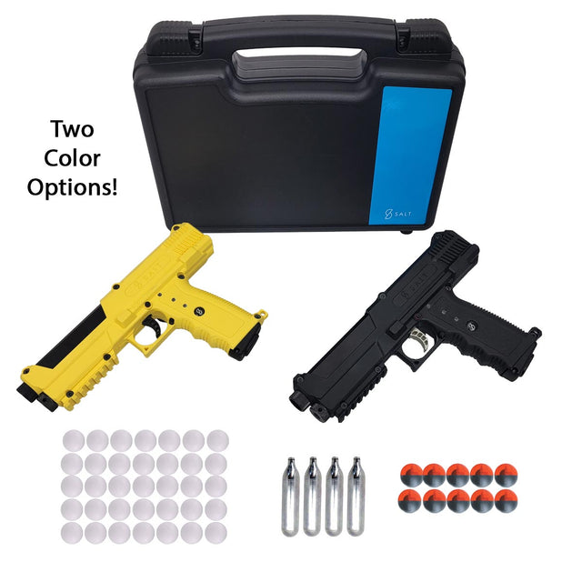 Two Salt Supply S1 Pepperball Pistol air guns, a black and blue case, and glass break projectiles and accessories on a white background.
