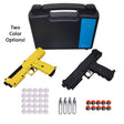 Two Salt Supply S1 Pepperball Pistol air guns, a black and blue case, and glass break projectiles and accessories on a white background.
