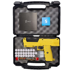 Salt Supply S1 Pepperball Pistol yellow in a foam lined case with glass break rounds, co2 cartridges and a tube of pepper projectiles on a white background