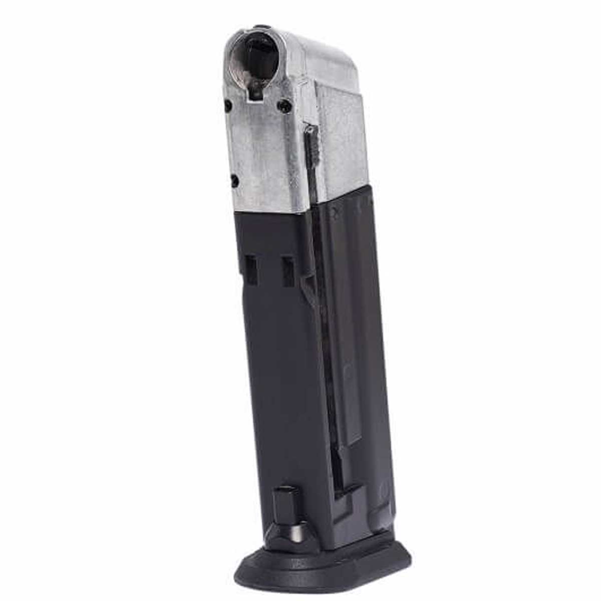 Left front angle Black and silver T4E Walther PPQ .43 Cal 8rd CO2 Paintball Magazine on a white background