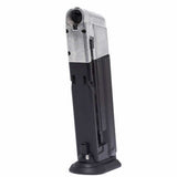 Left front angle Black and silver T4E Walther PPQ .43 Cal 8rd CO2 Paintball Magazine on a white background