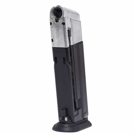 Left front angle Black and silver T4E Walther PPQ .43 Cal 8rd CO2 Paintball Magazine on a white background