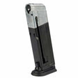 Left front side Black and silver T4E Walther PPQ .43 Cal 8rd CO2 Paintball Magazine on a white background