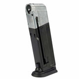 Left front side Black and silver T4E Walther PPQ .43 Cal 8rd CO2 Paintball Magazine on a white background