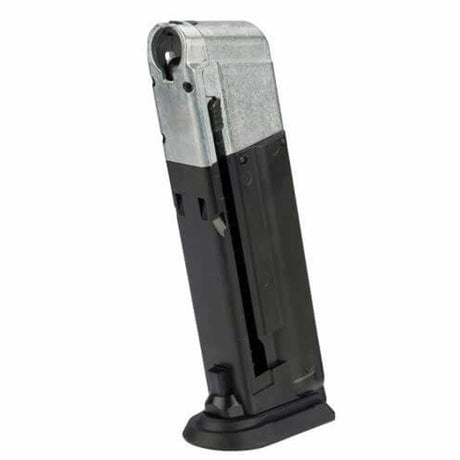 Left front side Black and silver T4E Walther PPQ .43 Cal 8rd CO2 Paintball Magazine on a white background