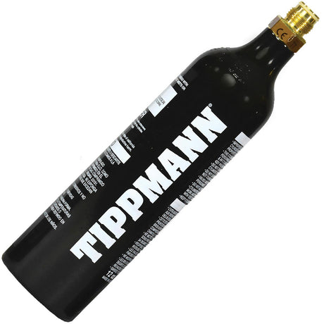 Tippman branded 12 oz CO2 air tank for paintball and airsoft on a white background