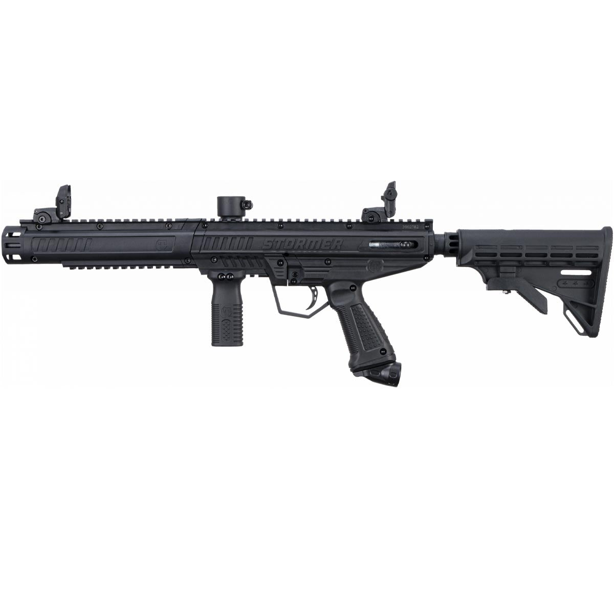 Left profile Tippmann Stormer Tactical beginner mechanical Paintball Marker Black on a white background