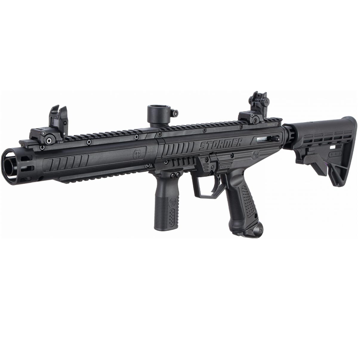 Left angle with rails Tippmann Stormer Tactical beginner mechanical Paintball Marker Black on a white background
