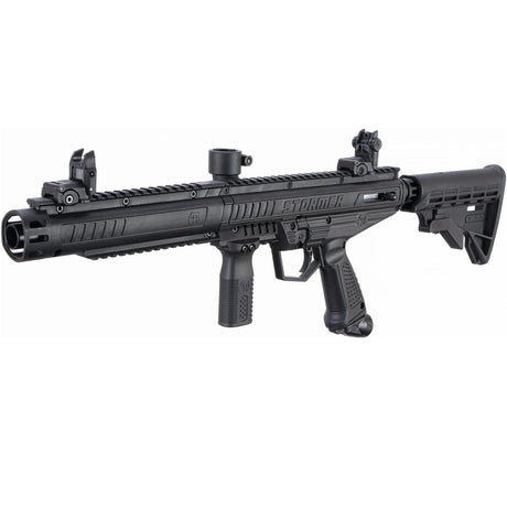 Left angle with rails Tippmann Stormer Tactical beginner mechanical Paintball Marker Black on a white background