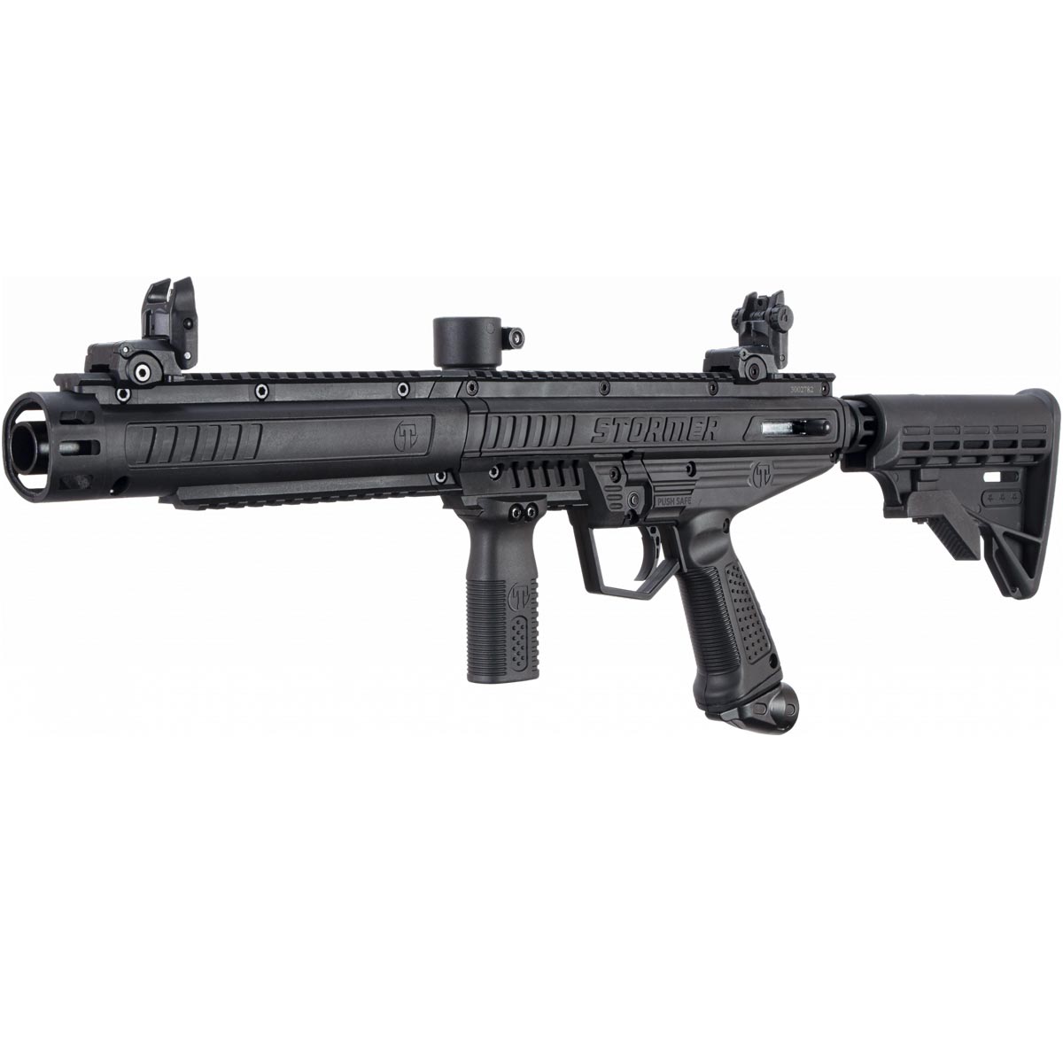 Left angle Tippmann Stormer Tactical beginner mechanical Paintball Marker Black on a white background
