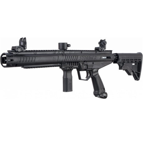 Left angle Tippmann Stormer Tactical beginner mechanical Paintball Marker Black on a white background