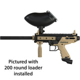 Left side Tippman Cronus Basic beginner mechanical paintball maker with a gravity loader hopper on a white background
