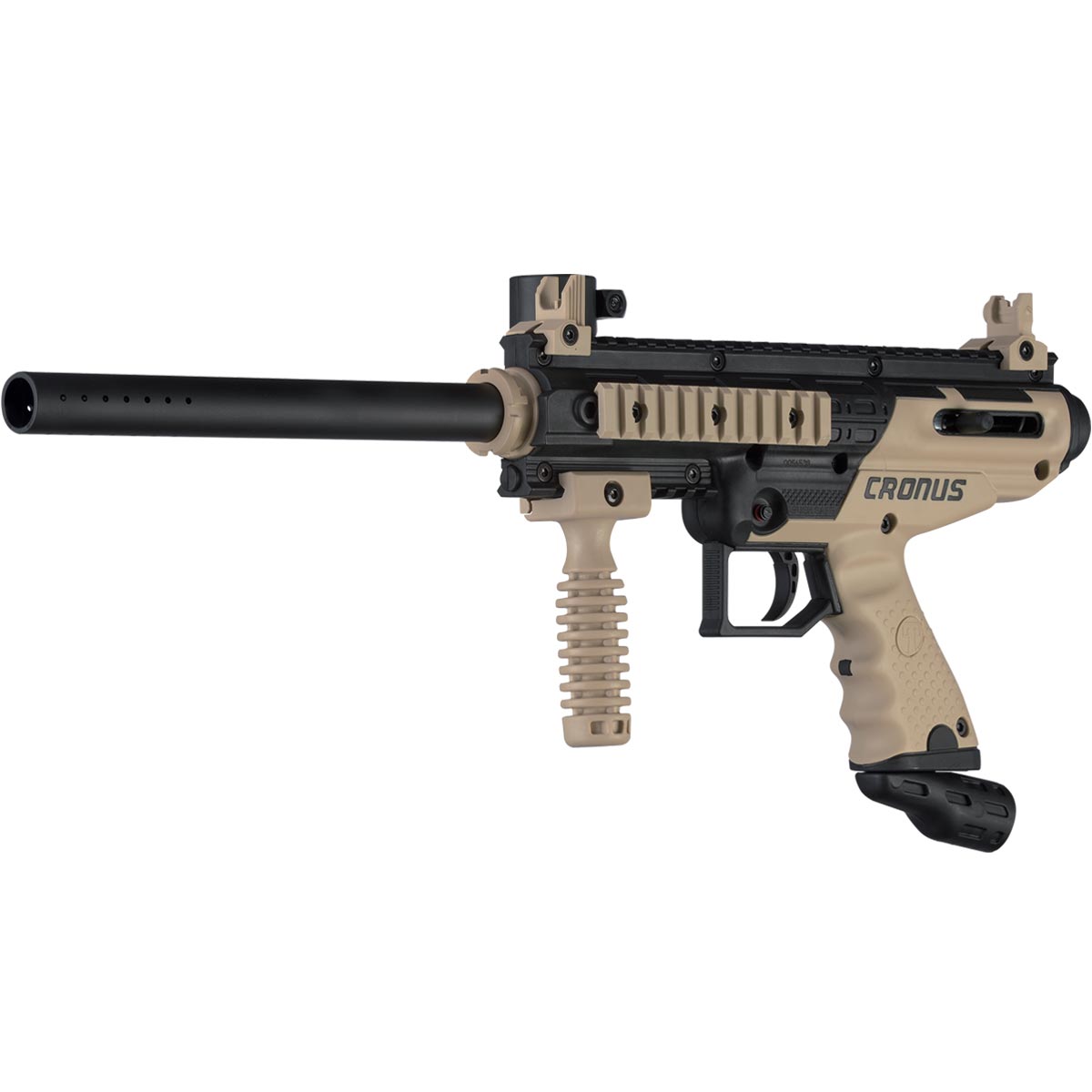Left side angle Tippman Cronus Basic beginner mechanical paintball marker on a white background
