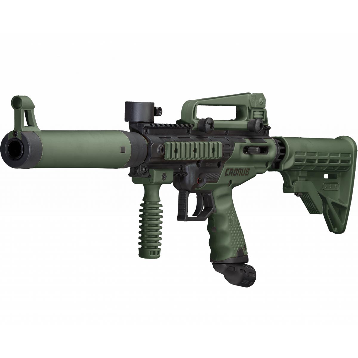 Left side angle Tippmann Cronus Tactical Mechanical Beginner Paintball Marker in Olive and Black on a white background