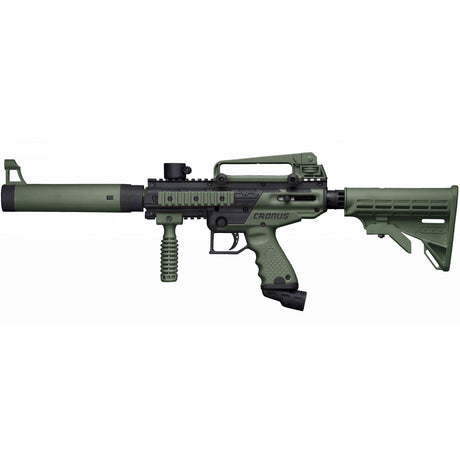 Left side of Tippmann Cronus Tactical Mechanical Beginner Paintball Marker in Olive and Black on a white background