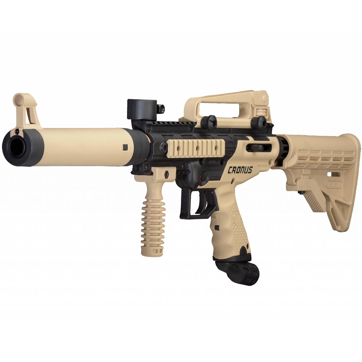 Front angel Tippmann Cronus Tactical Beginner Mechanical Paintball Marker Tan with adjustable stock on a white background