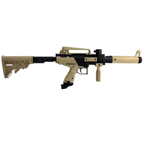 Tippmann Cronus Tactical Paintball marker Tan / Black side view with stock extended