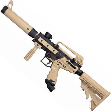Left side Tippmann Cronus Tactical Beginner Mechanical Paintball Marker Tan with adjustable stock on a white background