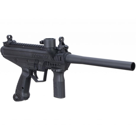 Left angle with rails Tippmann Stormer Basic beginner mechanical Paintball Marker Black on a white background