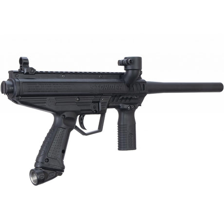 Left back angle Tippmann Stormer Basic beginner mechanical Paintball Marker Black on a white background