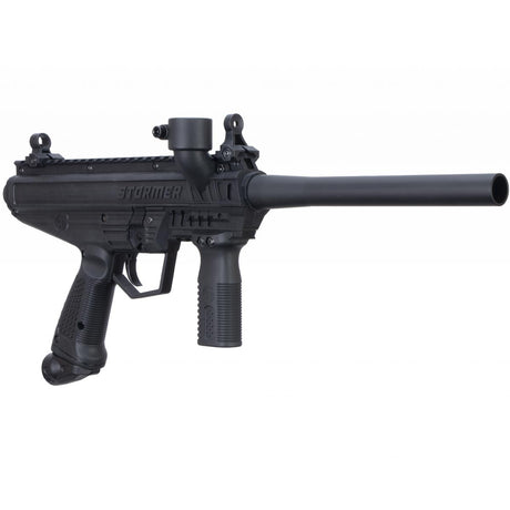 Left angle Tippmann Stormer Basic beginner mechanical Paintball Marker Black on a white background