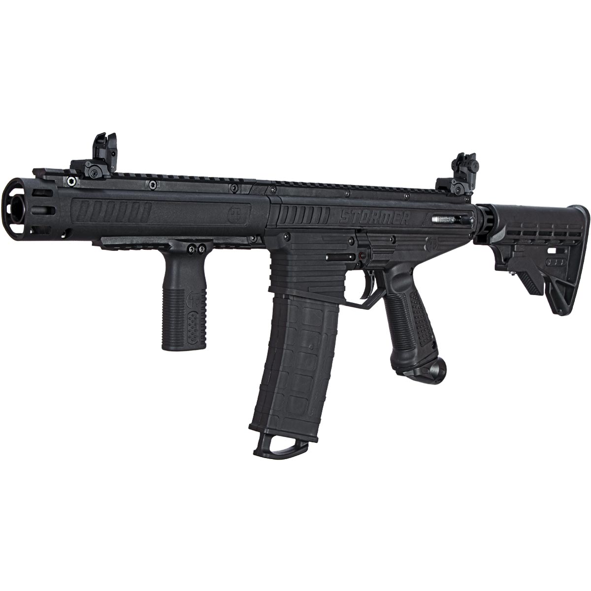 Left front angle Tippmann Stormer Elite Dual Feed Paintball Marker Black on a white background with 20 round magazine