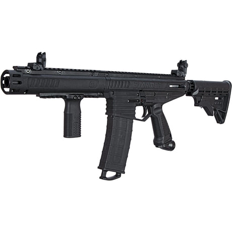 Left front angle Tippmann Stormer Elite Dual Feed Paintball Marker Black on a white background with 20 round magazine