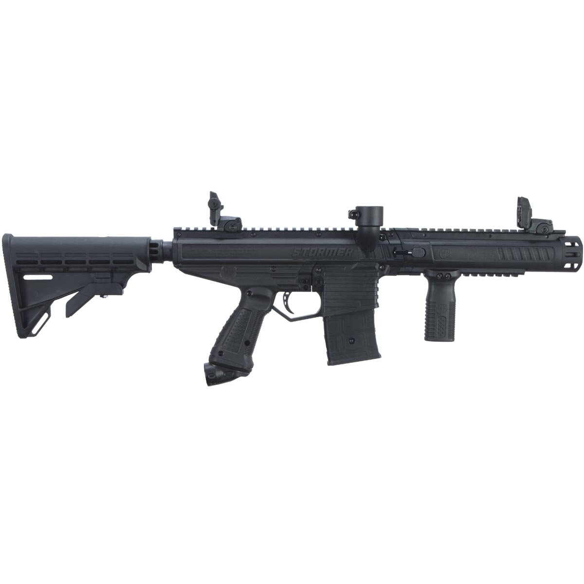 right profile Tippmann Stormer Elite Dual Feed Paintball Marker Black on a white background