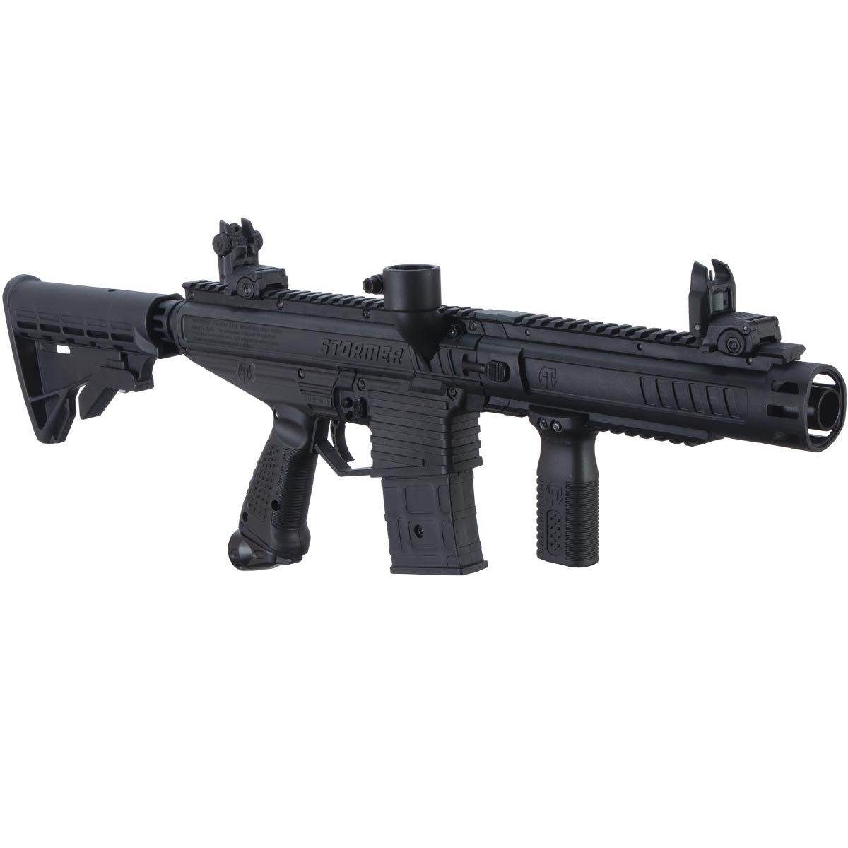 Right front angle Tippmann Stormer Elite Dual Feed Paintball Marker Black on a white background