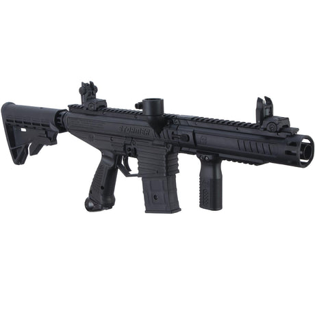 Right front angle Tippmann Stormer Elite Dual Feed Paintball Marker Black on a white background