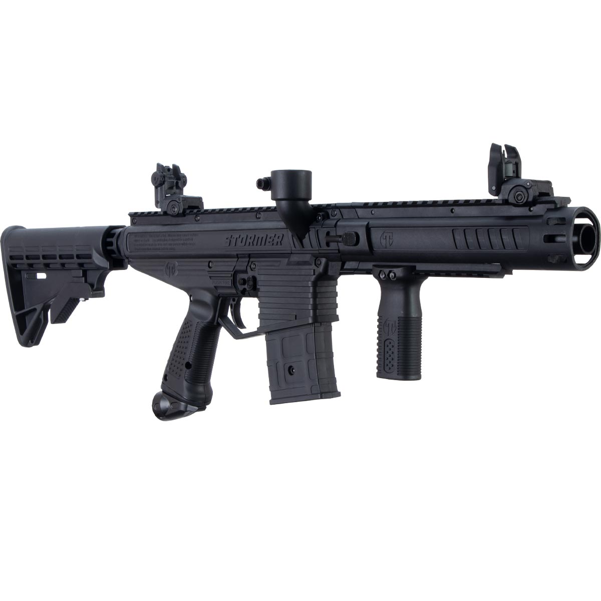 Tippmann Stormer Elite Dual Feed Paintball Marker Black CO2 with blanking magazine on a white background
