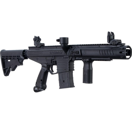 Tippmann Stormer Elite Dual Feed Paintball Marker Black CO2 with blanking magazine on a white background