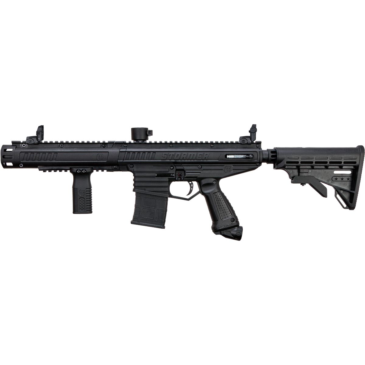 Right side Tippmann Stormer Elite Dual Feed Paintball Marker Black on a white background with short magazine