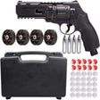 Umarex T4E TR50 Gen 2 Revolver Pistol .50 Caliber Self Defense launcher with a black lockable case, 4 extra mags, 4 co2 cartridges, 10 pepper rounds and 25 glass break rounds all on a white background.