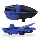 Blue and black electronic paintball hopper Virtue Spire V 5 Loader Blue Black Fade and uninstalled spring ramp, motor and battery compartment on a white background