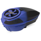 Speed feed installed on Blue and black electronic paintball hopper Virtue Spire V 5 Loader Blue Black Fade on a white background