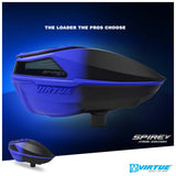 Blue and black electronic paintball hopper Virtue Spire V 5 Loader Blue Black Fade with text 'the loader the pros choose' and 'spire V fade edition on a blue background.