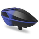 Front angle of Blue and black electronic paintball hopper Virtue Spire V 5 Loader Blue Black Fade on a white background