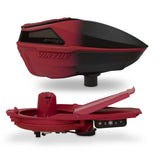 Black and red electronic paintball hopper Virtue Spire V 5 Loader Red Black Fade and the internals including spring ramp, motor and battery compartment shown on a white background