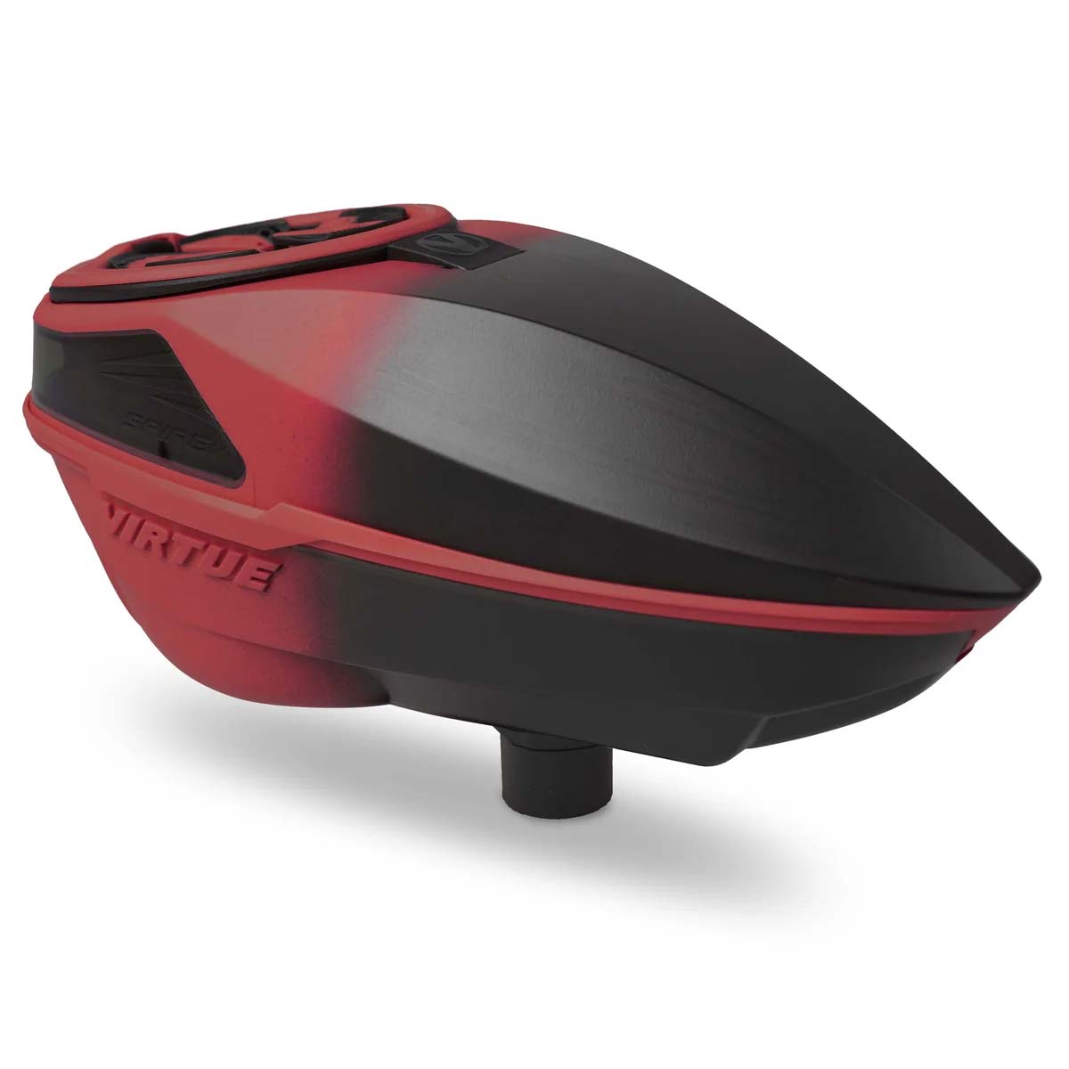 Black and red electronic paintball hopper Virtue Spire V 5 Loader Red Black Fade featuring speed feed installed shown on a white background