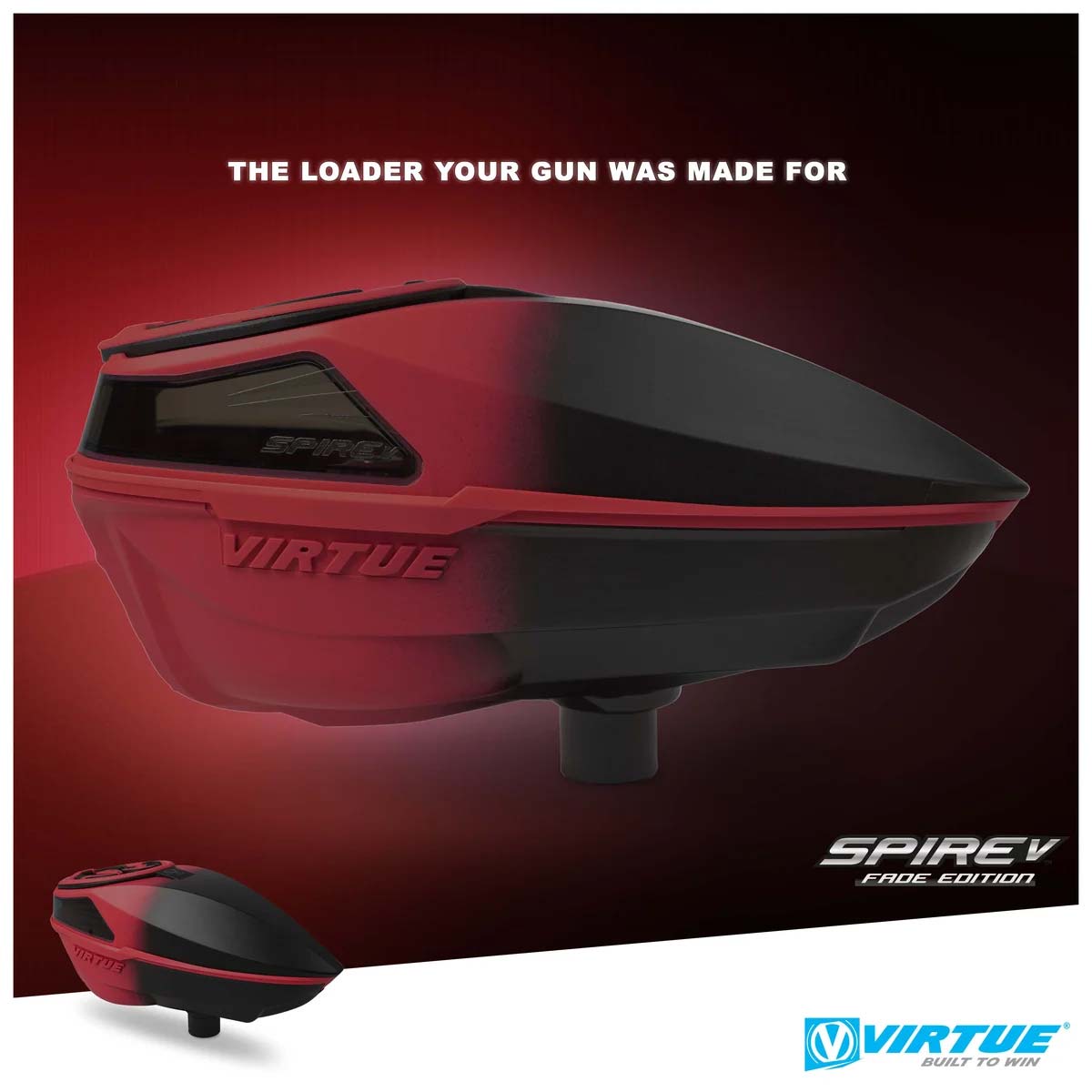Black and red electronic paintball hopper Virtue Spire V 5 Loader Red Black Fade with text 'the loader your gun was made for' and 'Spire V fade edition" on a red background