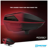 Black and red electronic paintball hopper Virtue Spire V 5 Loader Red Black Fade with text 'the loader your gun was made for' and 'Spire V fade edition" on a red background