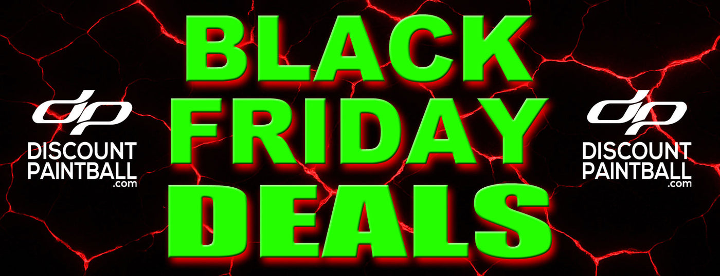 Black Friday Paintball Sale with Discount Paintball logos on a dark background