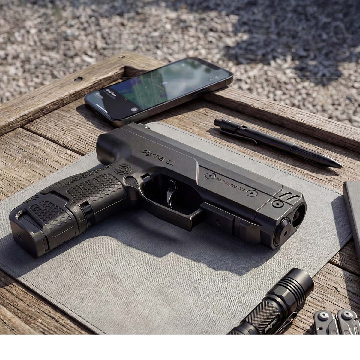 Byrna CL-XL black left side view with 7 round magazine and 12 gram co2 on a wood table