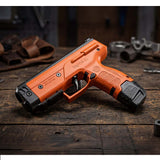 Byrna CL-XL orange right side view with 7 round magazine and 12 gram co2 on a wood table